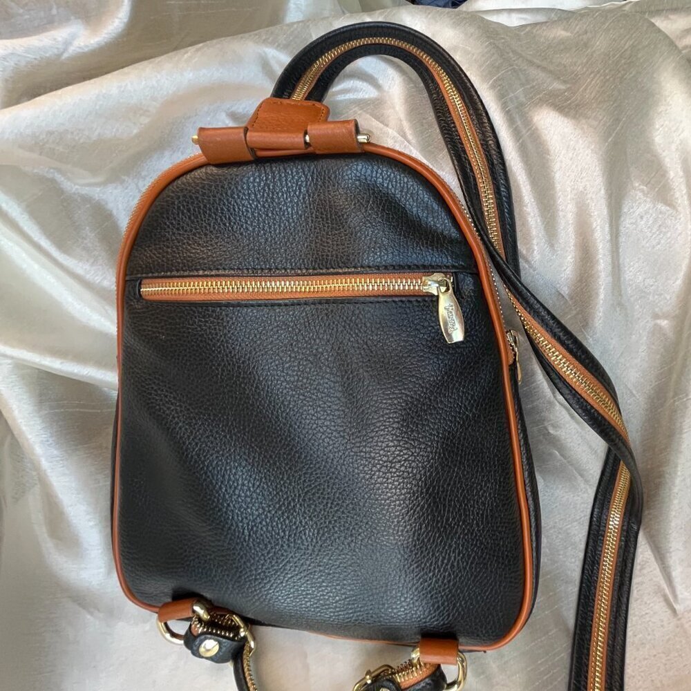 Valentina Italy Genuine Pebble Leather Convertible Backpack - Black/Tan - Picture 2 of 15